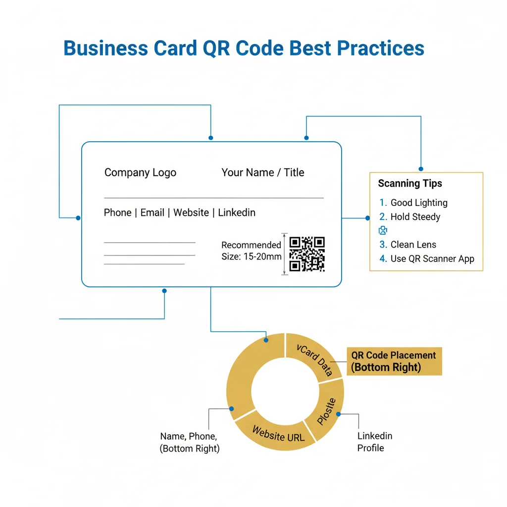 Business card QR code best practices showing optimal size, placement options, and design guidelines
