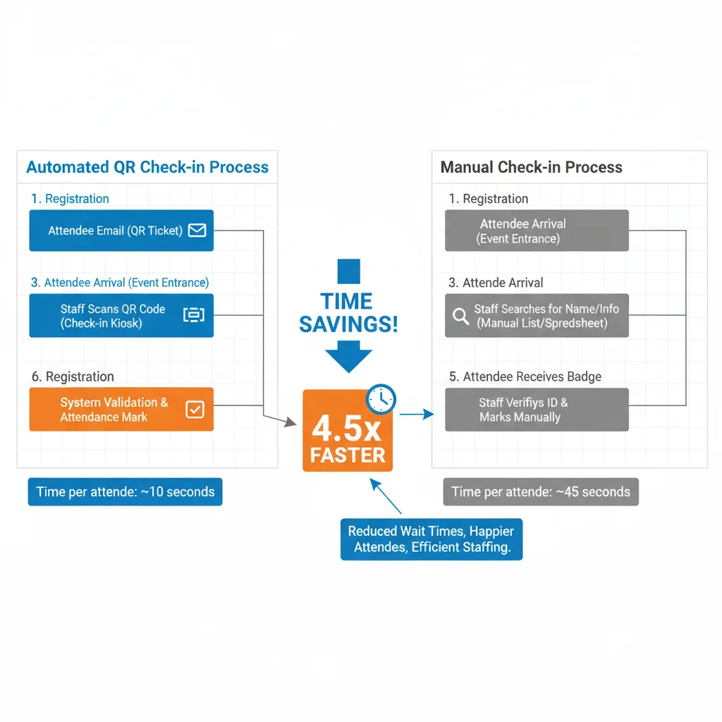 Event check-in QR code flow diagram showing registration, confirmation, scanning, and attendance tracking