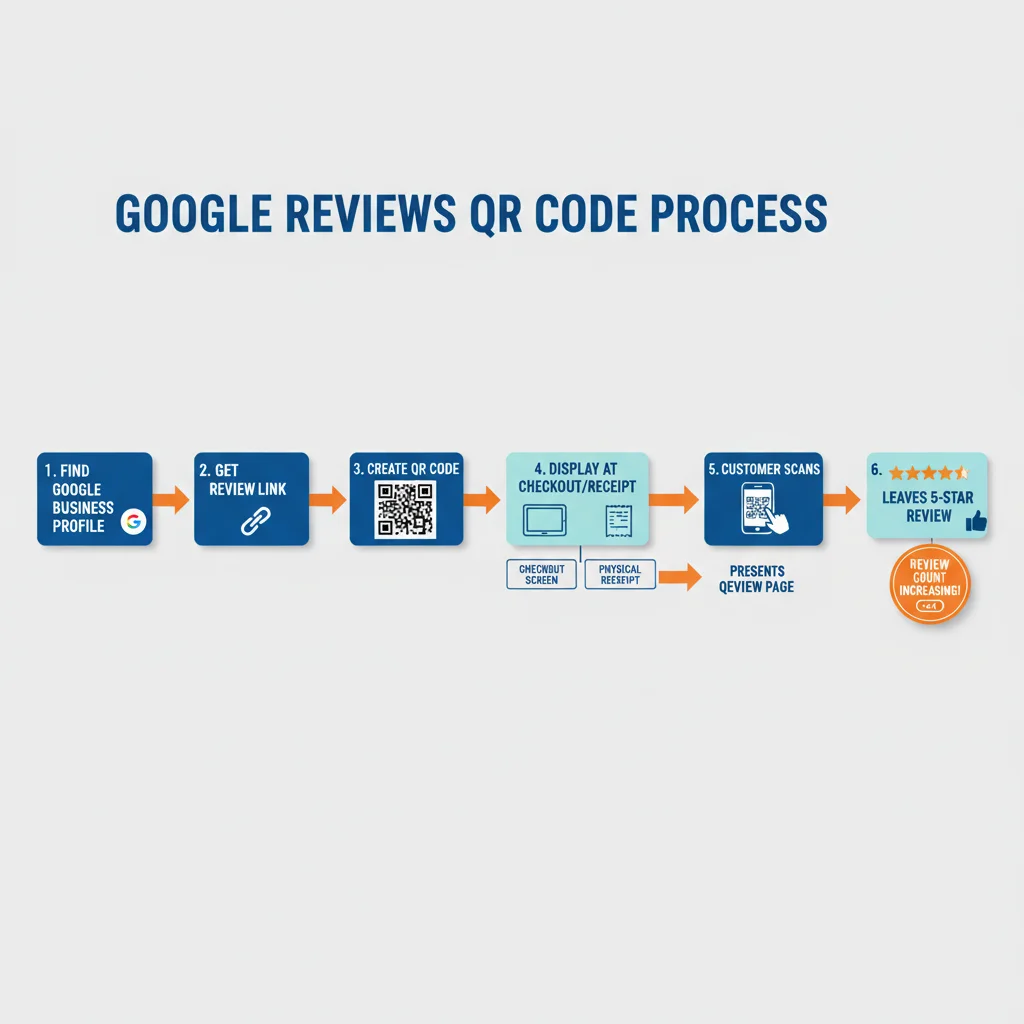 Google Reviews QR code workflow infographic showing steps from getting review link to tracking feedback