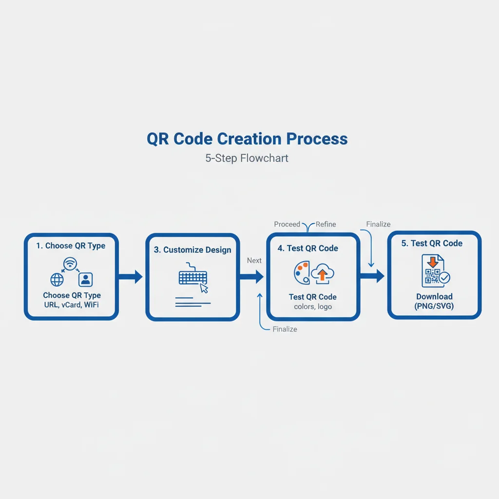 5-step QR code creation process flowchart showing: choose type, enter content, customize design, test, and download