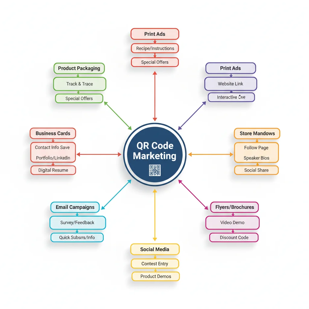 QR code marketing ideas mindmap showing categories: product packaging, retail, print advertising, events, hospitality, and creative uses