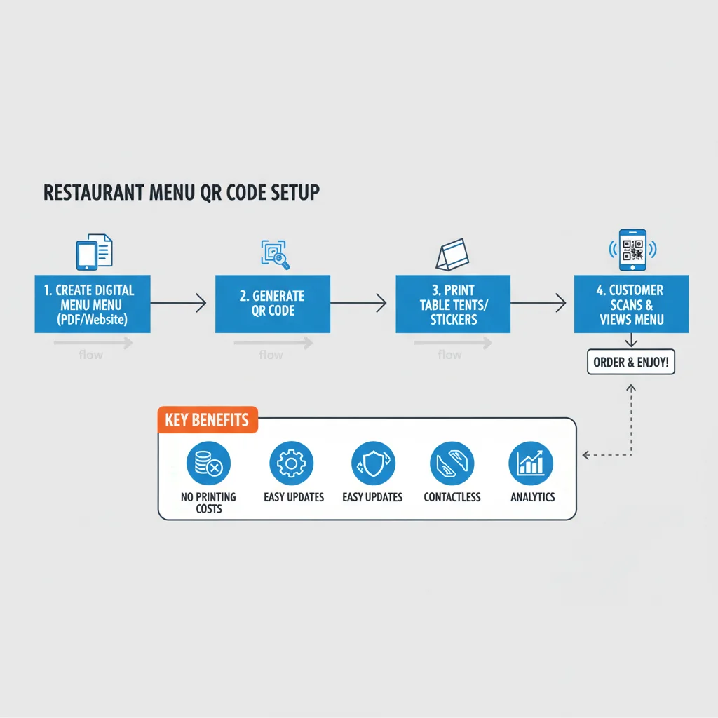 Restaurant menu QR code setup diagram showing digital menu preparation, QR generation, display design, and staff training